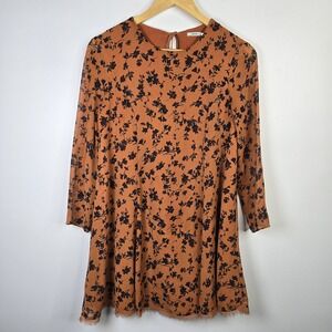 Kimchi Blue Dress Womens‎ Small Orange Floral 3/4 Sleeve Boho Frayed Hem Fall